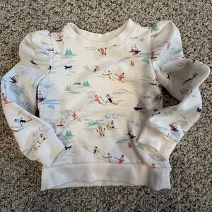 Janie and Jack Cream Ruffled Sweatshirt with Whimsical Ski Print